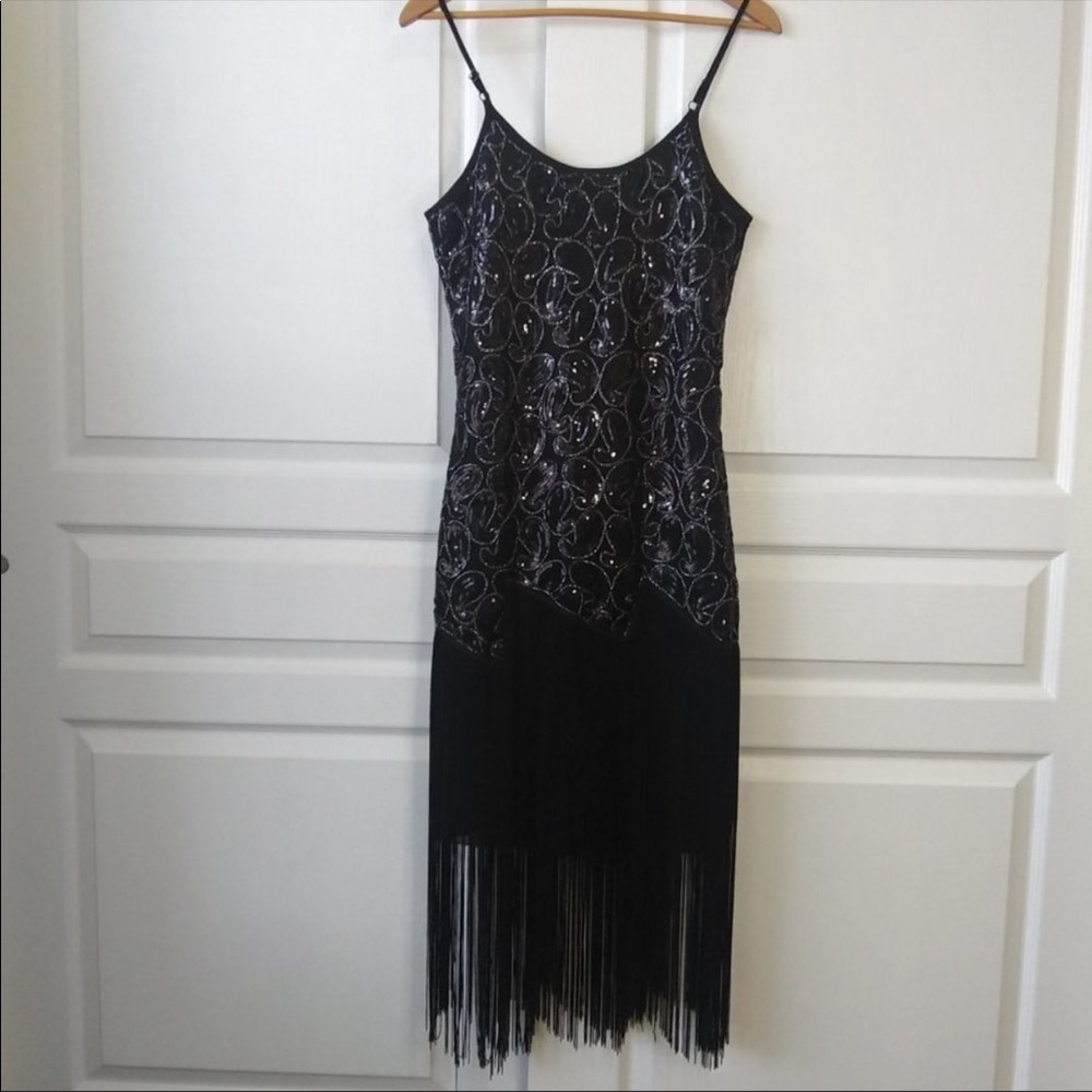 Black bodycon Cocktail and party sequin dress with fringe